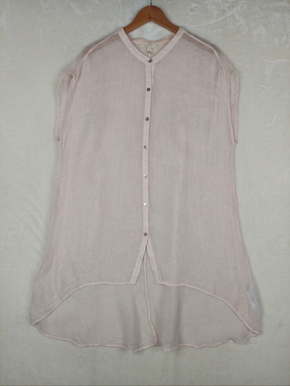Eileen Fisher Shirt Womens XL Pink Organic Linen Mesh Mandarin Collar Minimalist